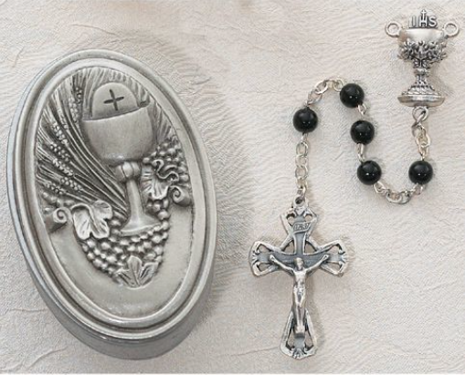 5mm Black Rosary with Pewter Communion Box