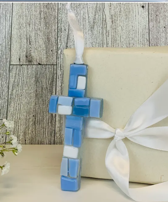 Handmade Mosaic Glass Cross - Baby Boy
