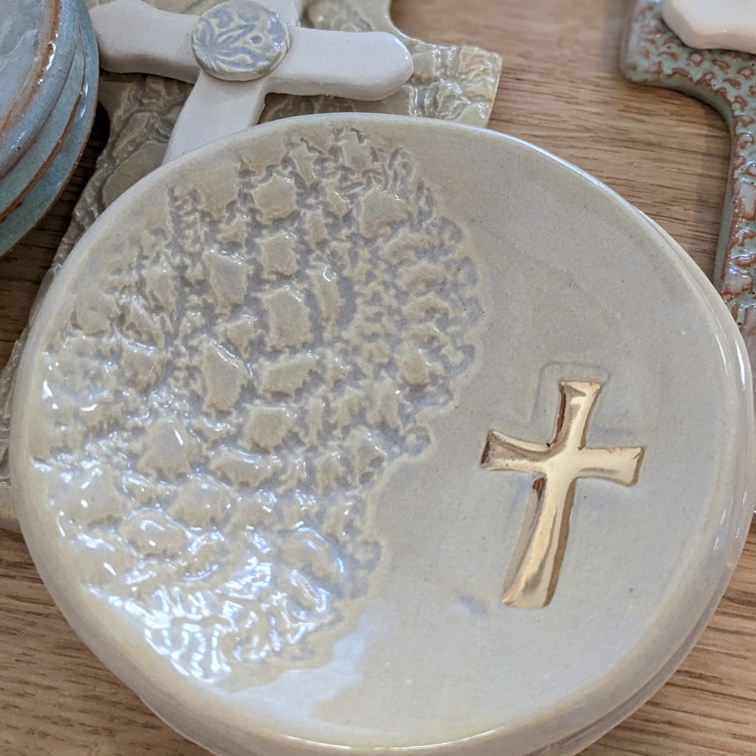 Gold Cross Ring Dish - Oyster Shell on White