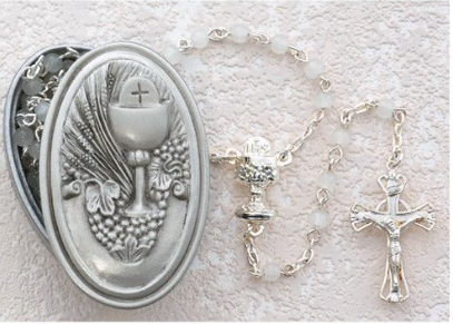 5mm White Rosary with Pewter Communion Box