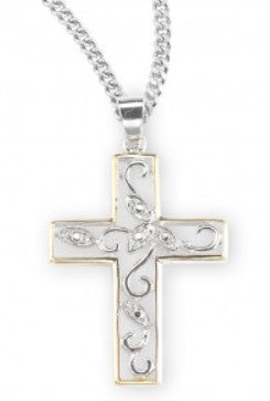 Crystal Cubic Zircon Sterling Silver Two Tone Vine Cross