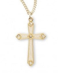 Gold Over Sterling Silver Pearl Enameled Cross with Crystals