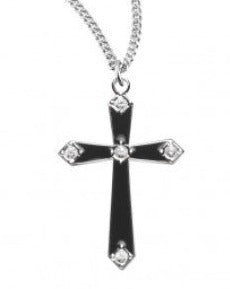Sterling Silver Black Enameled Cross with Crystals