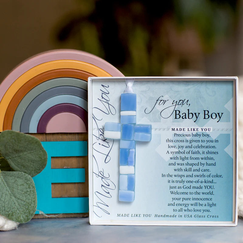 Handmade Mosaic Glass Cross - Baby Boy