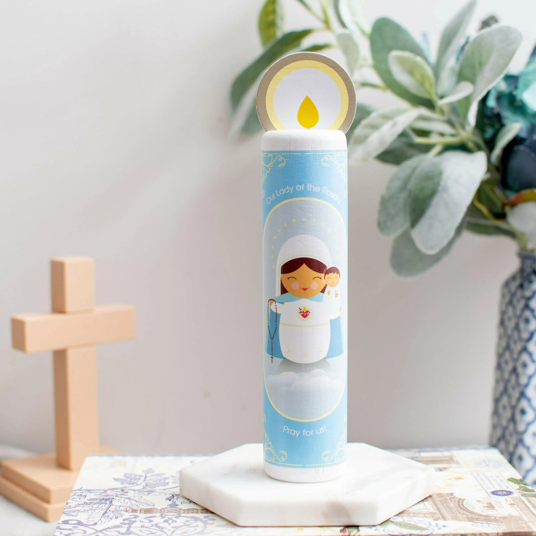 Our Lady of the Rosary (Hail Mary) Wooden Prayer Candle