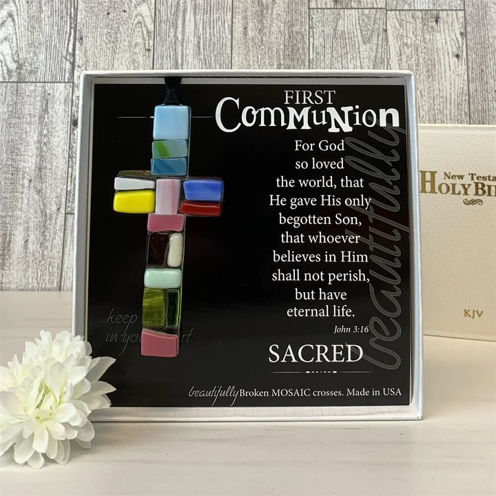 Handmade Glass First Communion Cross - multicolor