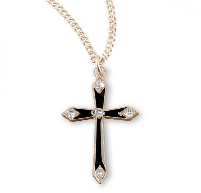 Gold Over Sterling Silver Black Enameled Cross Crystals
