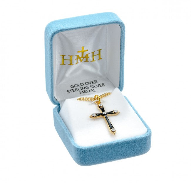 Gold Over Sterling Silver Black Enameled Cross Crystals
