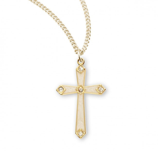 Gold Over Sterling Silver Pearl Enameled Cross with Crystals