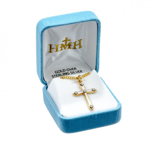 Gold Over Sterling Silver Pearl Enameled Cross with Crystals