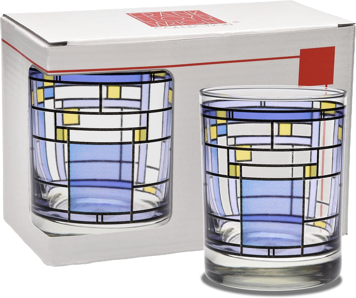 Frank Lloyd Wright Oak Park Blue Double Old Fashion 14oz Glass Set