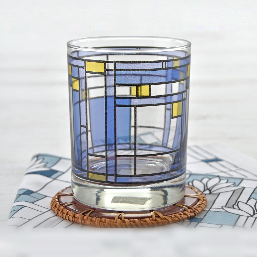 Frank Lloyd Wright Oak Park Blue Double Old Fashion 14oz Glass Set