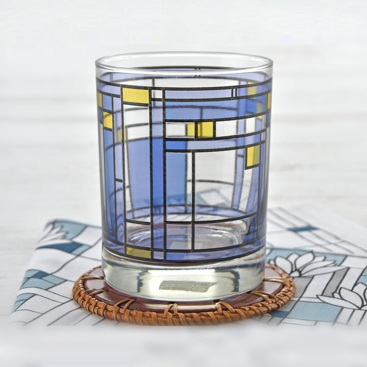 Frank Lloyd Wright Oak Park Blue Double Old Fashion 14oz Glass Set