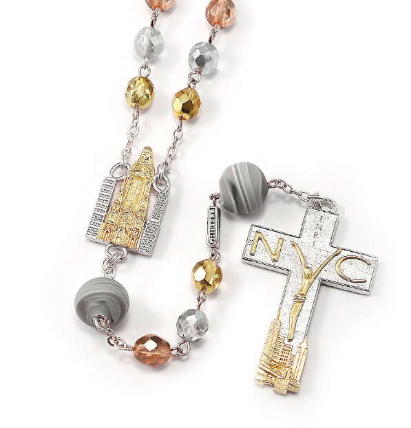 Rosary for New York with 8mm multicolor glass beads and 10mm genuine Murano beads - polished silver and polished gold finish 
