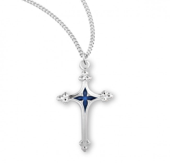 Sterling Silver Cross with Blue Enamel Center