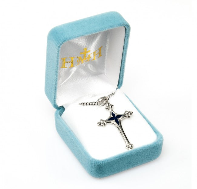 Sterling Silver Cross with Blue Enamel Center