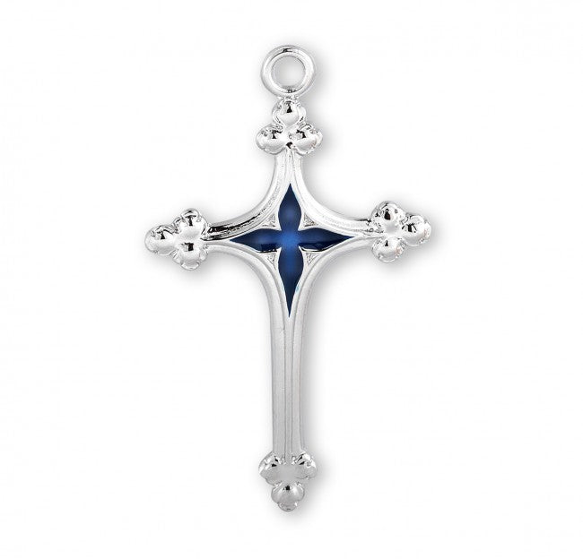 Sterling Silver Cross with Blue Enamel Center