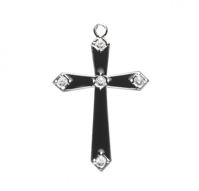 Sterling Silver Black Enameled Cross with Crystals