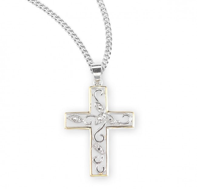 Crystal Cubic Zircon Sterling Silver Two Tone Vine Cross