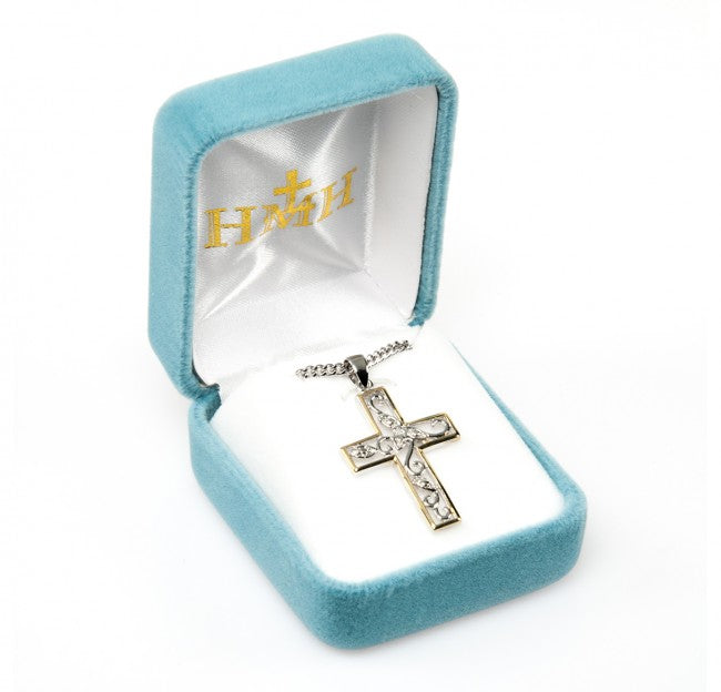 Crystal Cubic Zircon Sterling Silver Two Tone Vine Cross
