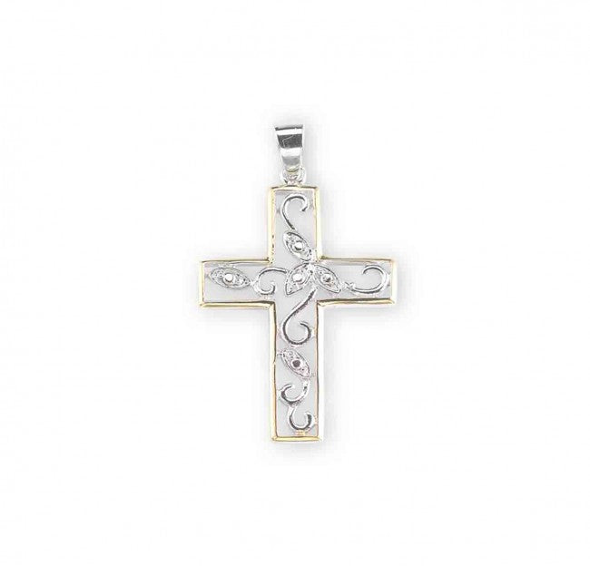 Crystal Cubic Zircon Sterling Silver Two Tone Vine Cross